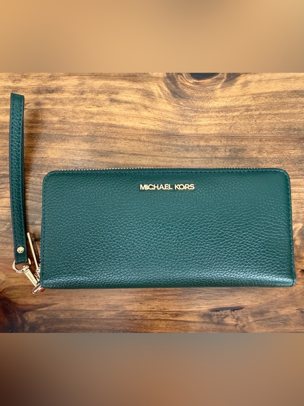 Michael Kors Dark Green Pebbled Leather Zip Wallet with Wristlet